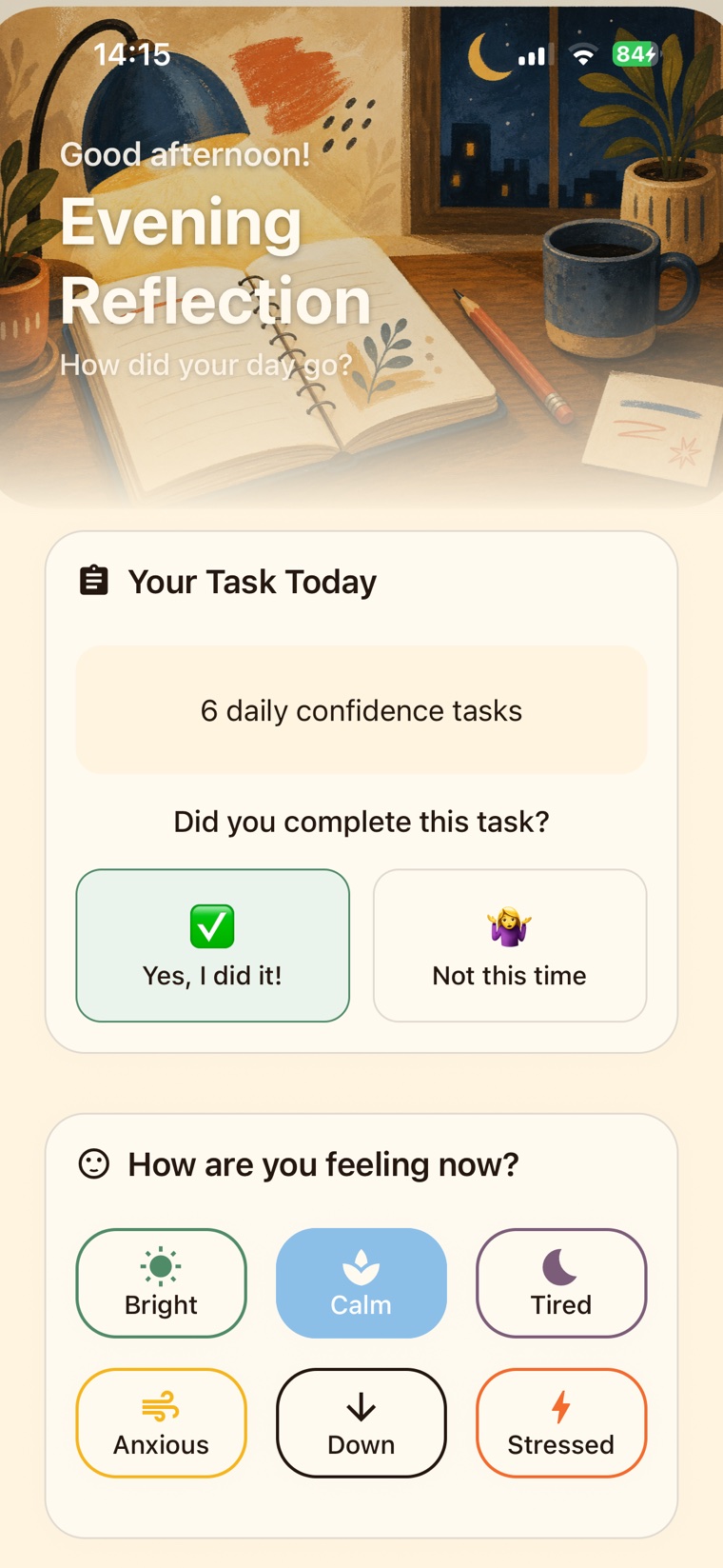 Confidence Gym evening reflection screen asking whether you completed your task and how you feel now