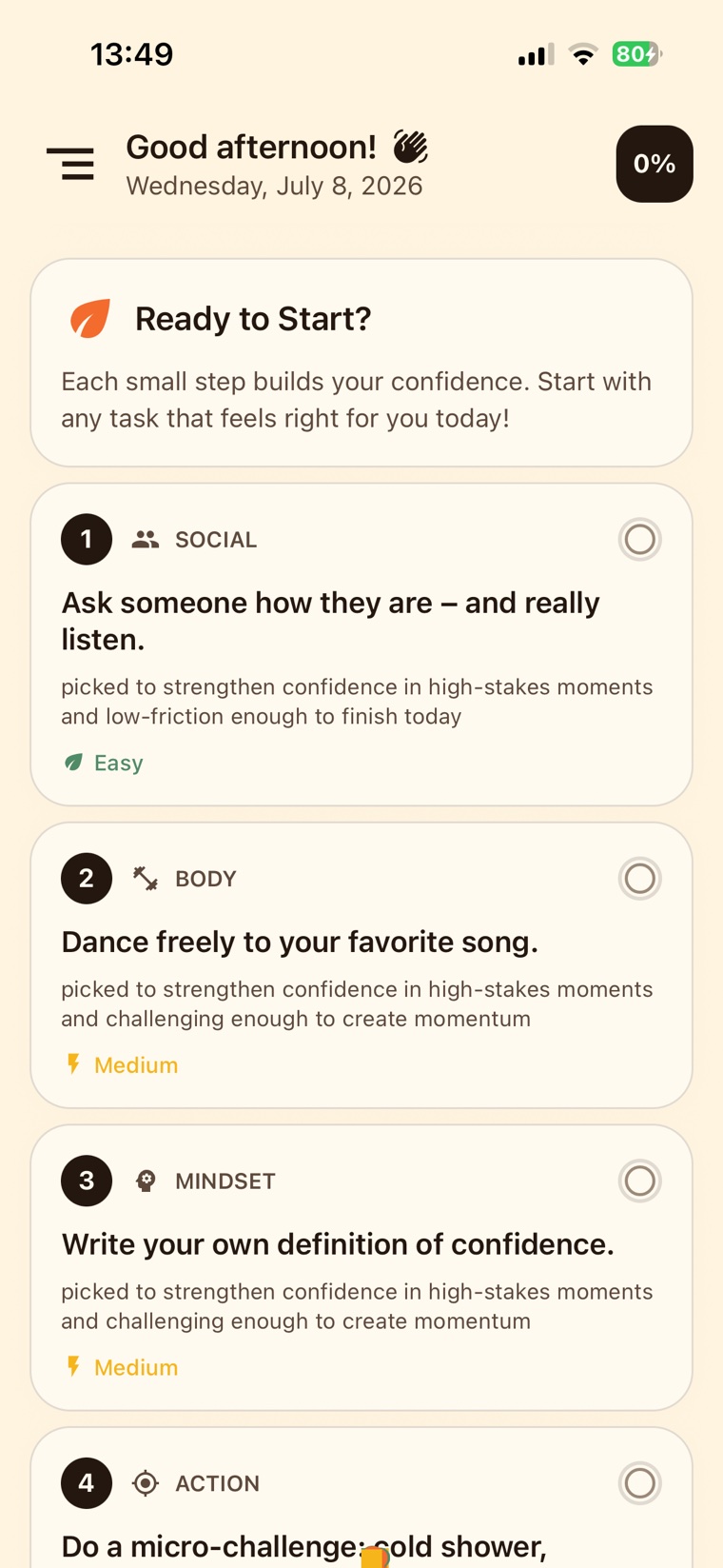 Confidence Gym daily tasks screen listing short social, body and mindset tasks with easy and medium difficulty labels